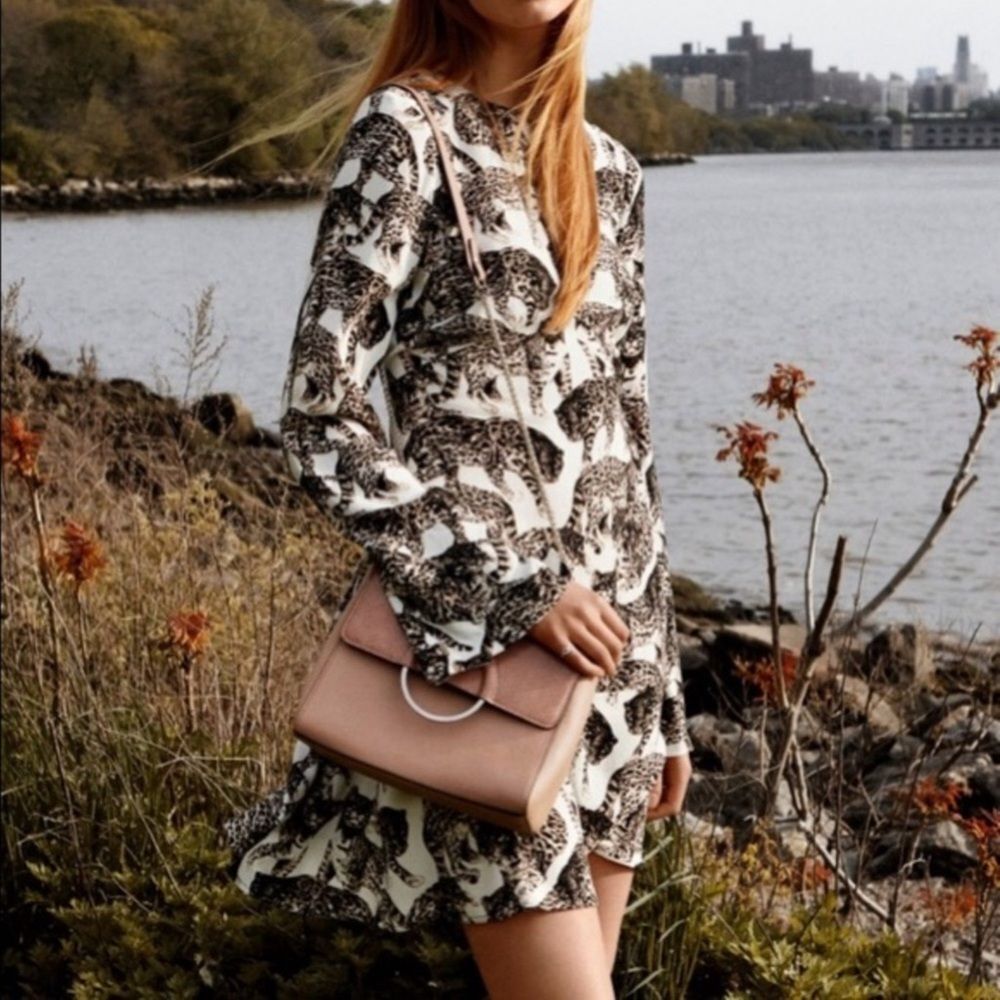 H&M Bengal Cat Dress White Long Sleeve Ruffle Skirt Midi Dress 12